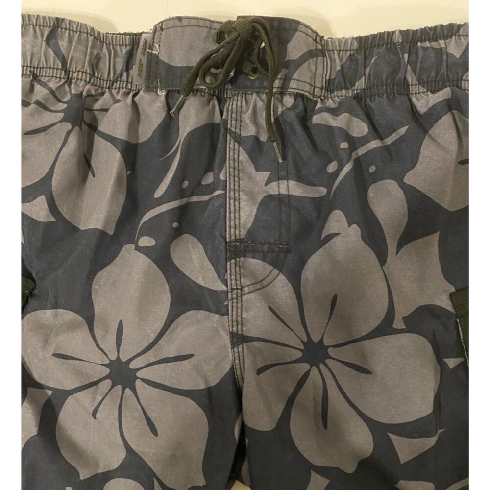 Ron Jon Surf Shop Swim Trunks/Shorts~Mens. L Large~Gray/Black~Hawaiian Print